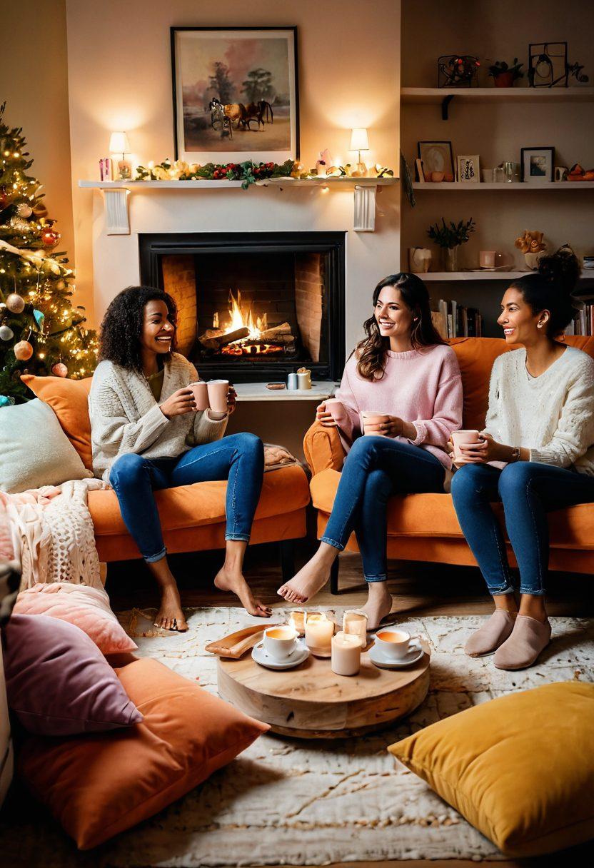 An inviting scene of diverse friends gathered in a cozy living room, sharing laughter and stories over hot drinks. Include a warm fireplace, colorful cushions, and light fairy lights for a cheerful ambiance. Feature a mix of cultures, capturing the essence of community and support. Emphasize smiles and joyful interactions among people. soft pastel colors. warm lighting.