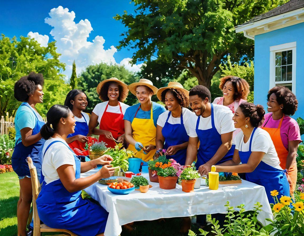 A diverse group of people joyfully engaging in community activities like gardening, sharing meals, and painting together under a bright blue sky. Lush greenery and colorful flowers surround them, symbolizing growth and happiness. Include elements of laughter and connection, such as handshakes and warm smiles. The scene should radiate positivity and optimism. vibrant colors. super-realistic.