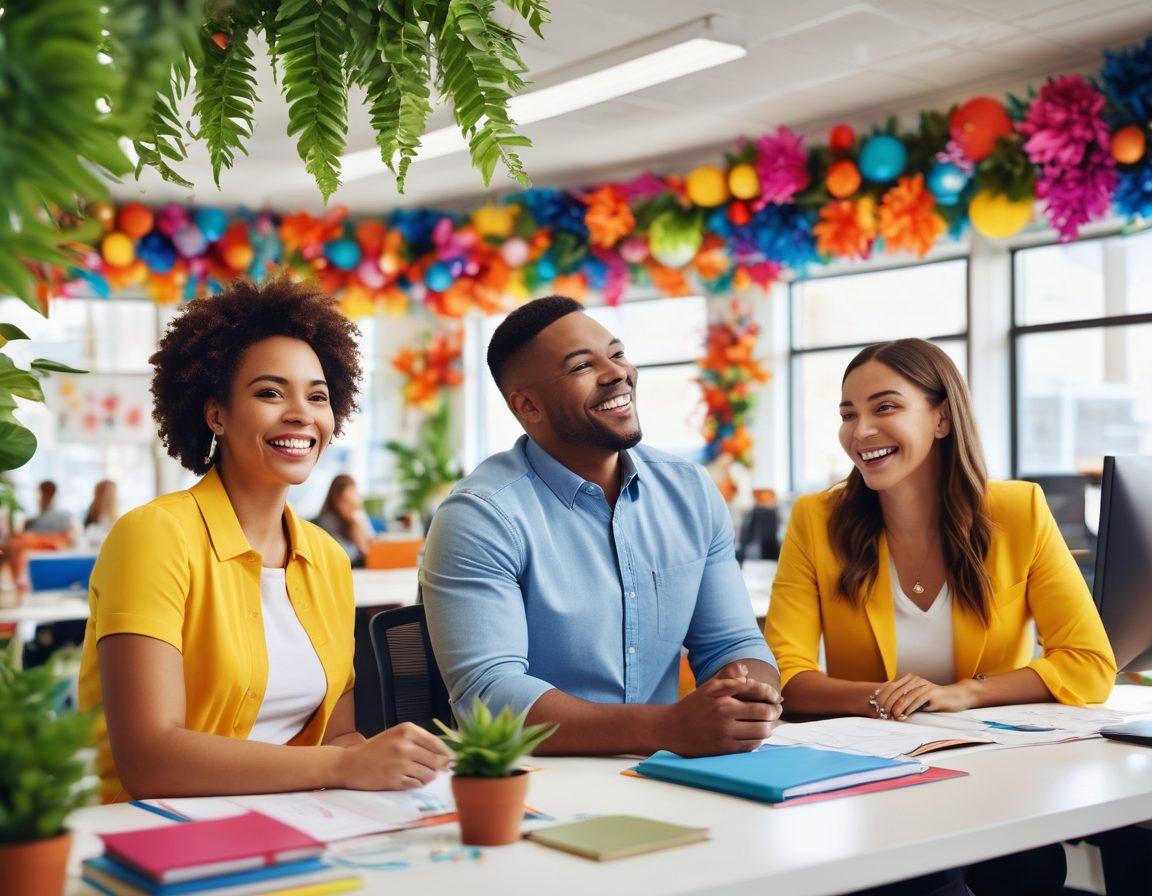A diverse group of cheerful individuals working together in a bright, open office space, showcasing teamwork and collaboration. Colorful decorations, inspirational quotes on the walls, and plants add to the optimism of the atmosphere. Capture smiles, laughter, and a sense of harmony, symbolizing a supportive community. super-realistic. vibrant colors. 3D.